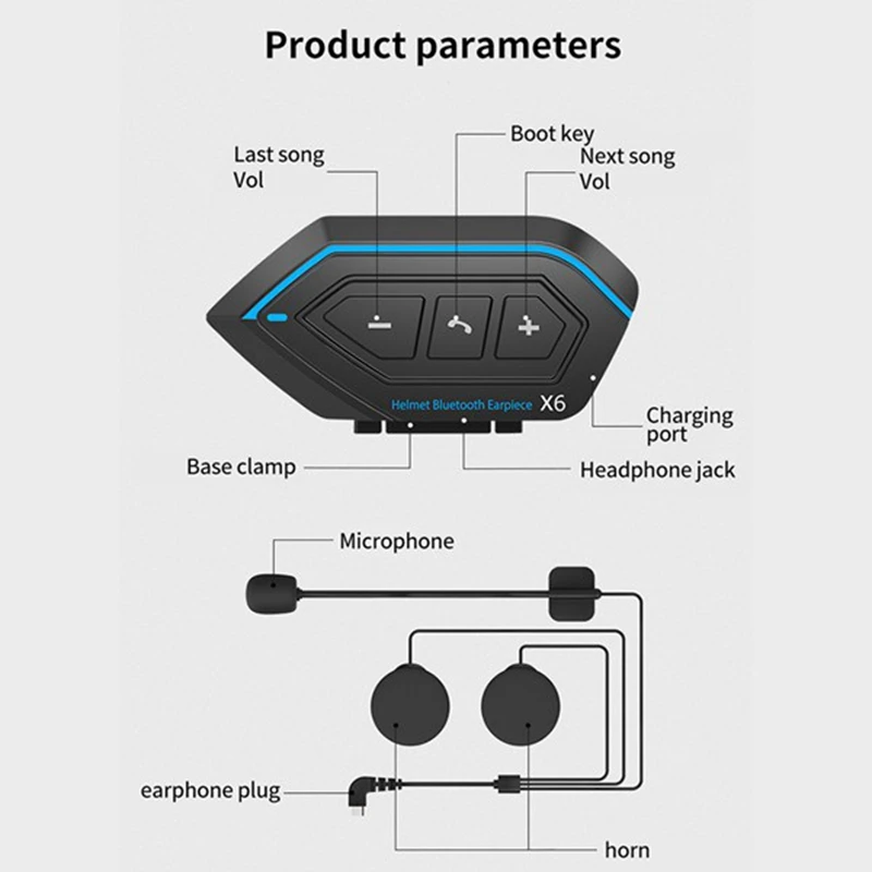 2 Pcs X6 Helmet Bluetooth Headphones BT5.0 800MA Motorcycle Riding Wireless Call Stereo Anti-Jamming Waterproof Headset