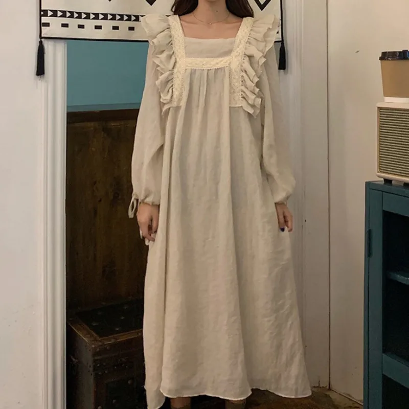 

Spring Womens Nightdress Linen Cotton Long Sleeve Vintage LaceNight Dress Loose Sleepshirt Nightgown New Home Princess Sleepwear