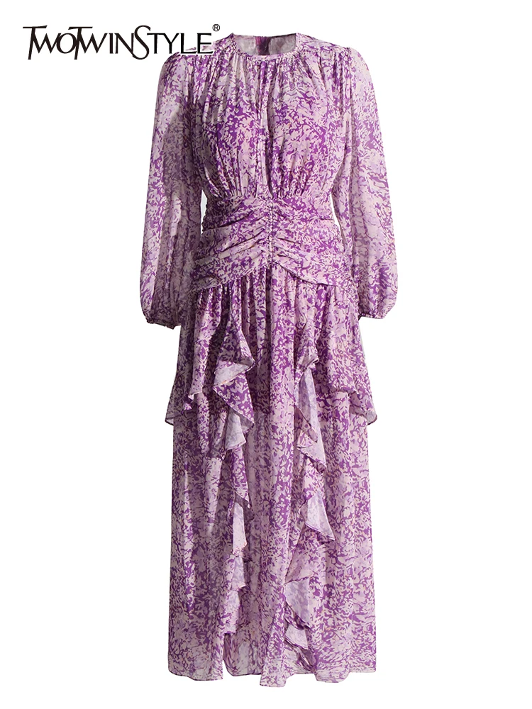 

TWOTWINSTYLE Elegant Printing Dresses For Women O Neck Lantern Sleeve High Waist Spliced Ruffles Casual Dress Female Clothing