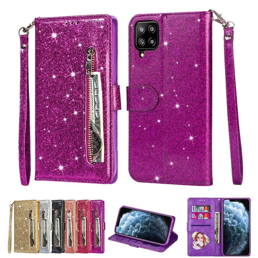 

Glitter Bling Zipper Leaher Case for Galaxy A53 A33 A13 A22 A82 A52 A12 A72 A42 5G A50 A30S A51 A71 A31 A21S Flip Wallet Cover