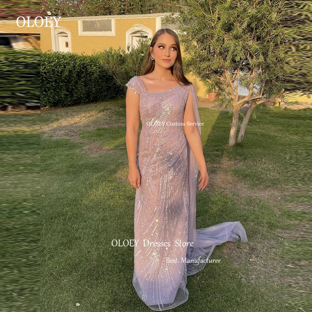 

OLOEY Glitter Lavender Dubai Arabic Women Evening Dresses Square Neck Sheath Sparkly Prom Gowns Long Formal Party Dress