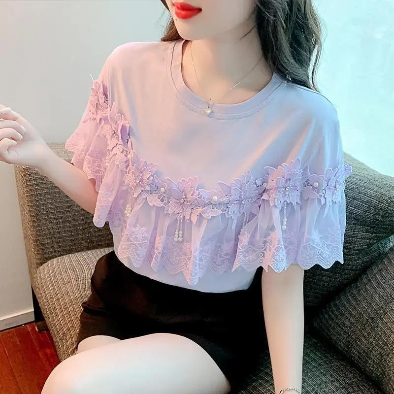 

Blouse blouse flowers crystal pearl lace embroidery splicing short -sleeved female Korean super immortal sweet blouse girl top