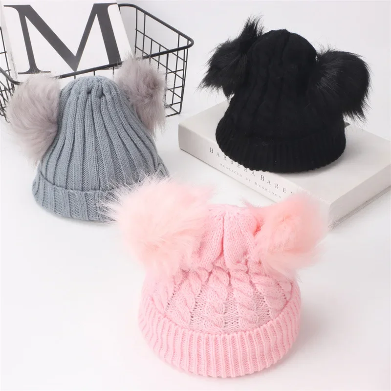 

Cute Double Wool Pompom Baby Hat Children Cap Warm Autumn Winter Hats For Kids Boys Girls Knitted Warmer Beanie Caps Bonnet