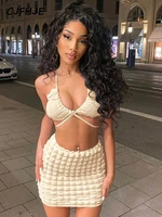 cjfhje solid halter draped bandage crop top skirts 2 pieces set 2022 summer women fashion elegant slim outfits holiday party