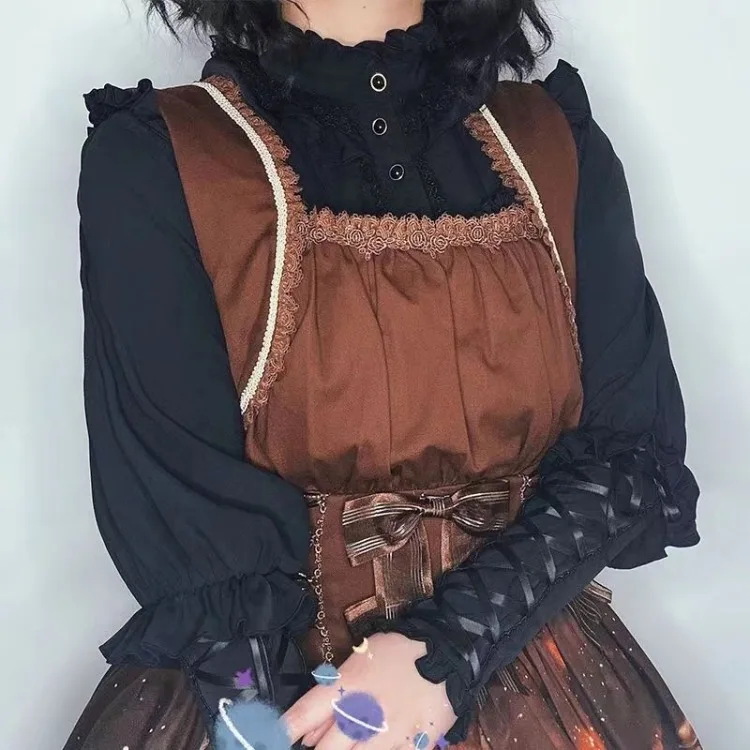 Женская кружевная блузка в стиле лолита с длинным рукавом и воротником-стойкой