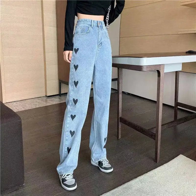 Women Fashion Harajuku Straight Pants 2021 High Waist Heart Print Jeans Wide Leg Denim Trousers Blue Streetwear Vintage Quality