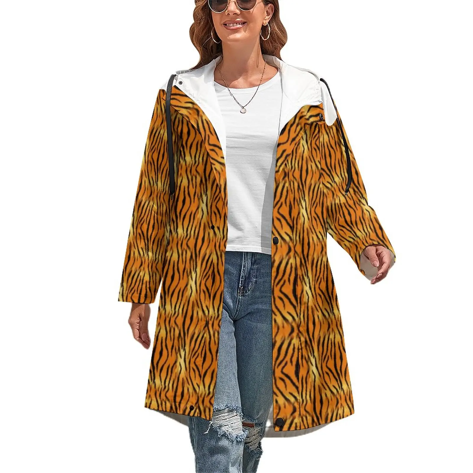 

Тренчкот женский зимний ветрозащитный в яркую полоску, с принтом оранжевого тигра