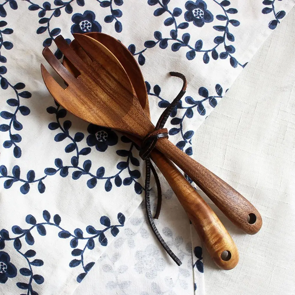 

2Pcs Wooden Salad Spoon Fork Large Serving Spoon Set Salad Server Wood Kitchen Utensils Long Handle Soup Spoon Ladle Tableware