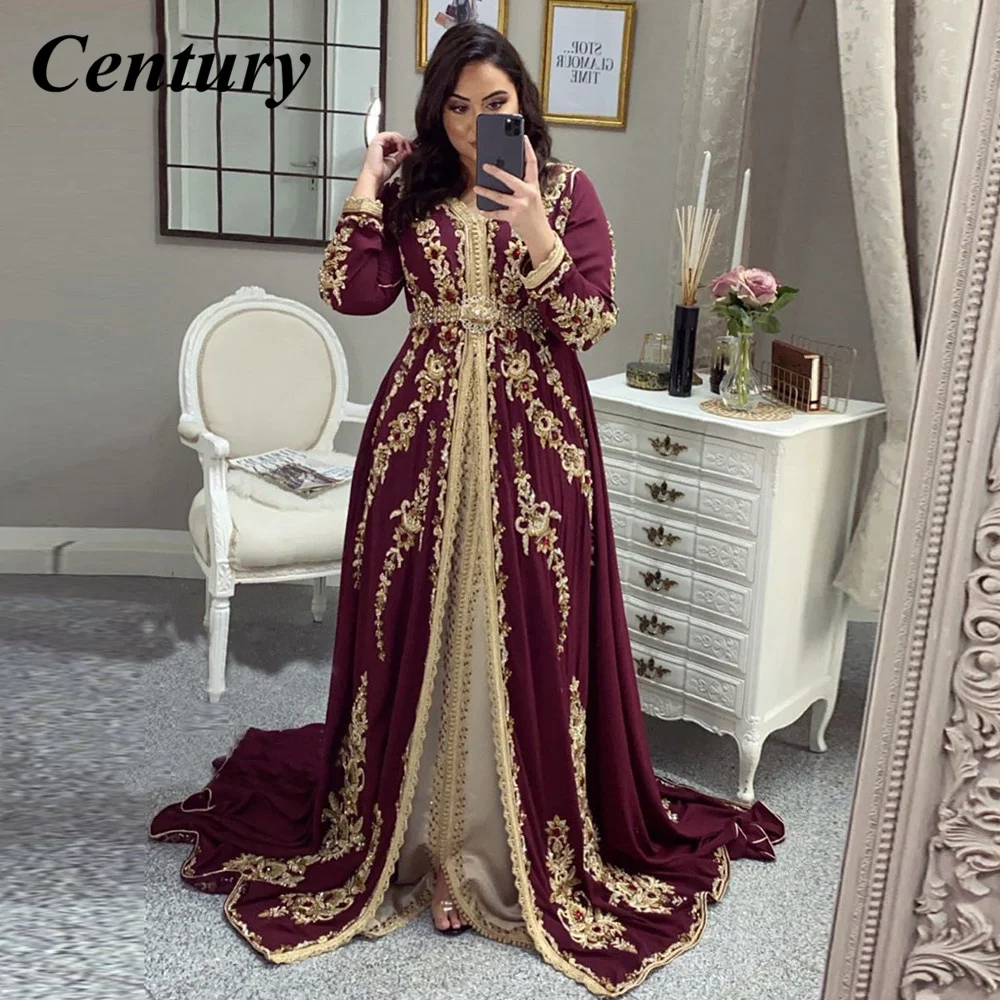 

Century Elegant Moroccan Kaftan Evening Dresses Burgundy Embroidery Beading Women Party Wear Formal Gowns Kaftan Dress Plus Size