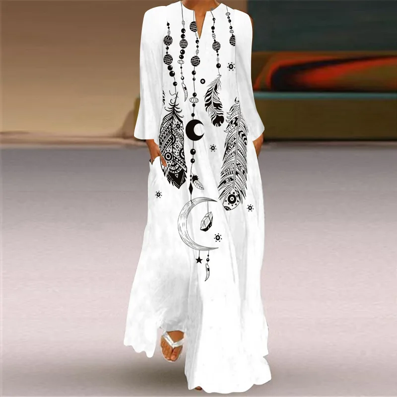 Spring And Autumn Women's Fashion Peacock Feathers Print Long Sleeved Dress Elegant Woman Small V-neck Pocket Casual
