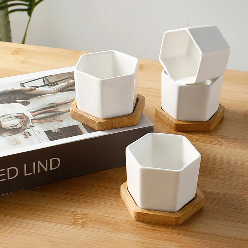 Белый Шестиугольный Керамический Цветочный Горшок С Подносом В Европейском