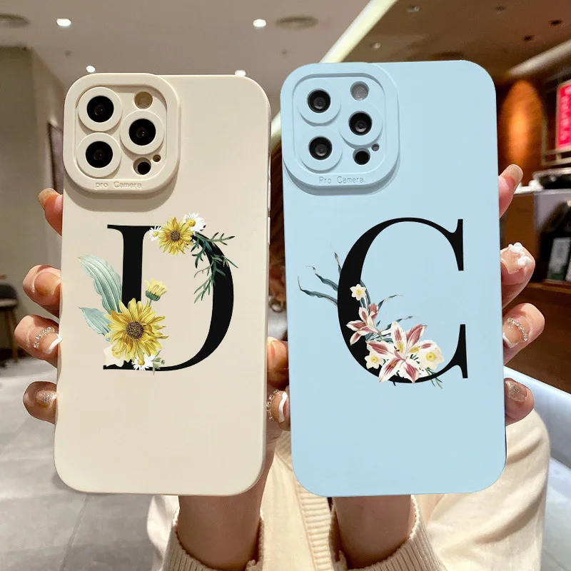 

Colors Name Initial Letter Phone Case For iPhone 13 Pro Max 14 12 11 XR XS 7 8 Plus SE20 Retro Yellow Flower Soft TPU Back Cover