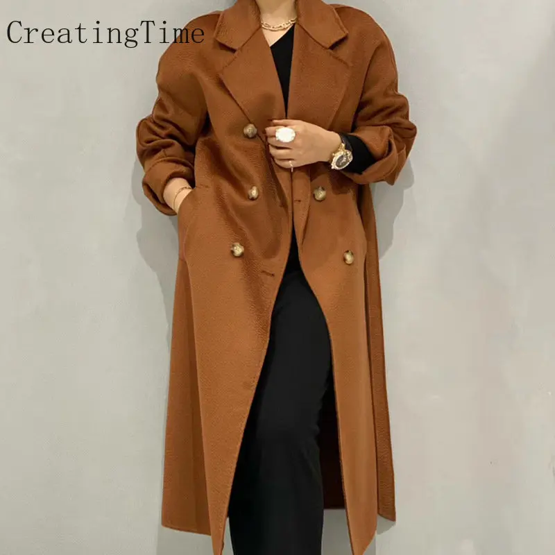 

Шерстяное пальто 2022 осень-зима двустороннее кашемировое пальто женское длинное двубортное модное однотонное Свободное пальто для женщин LH863
