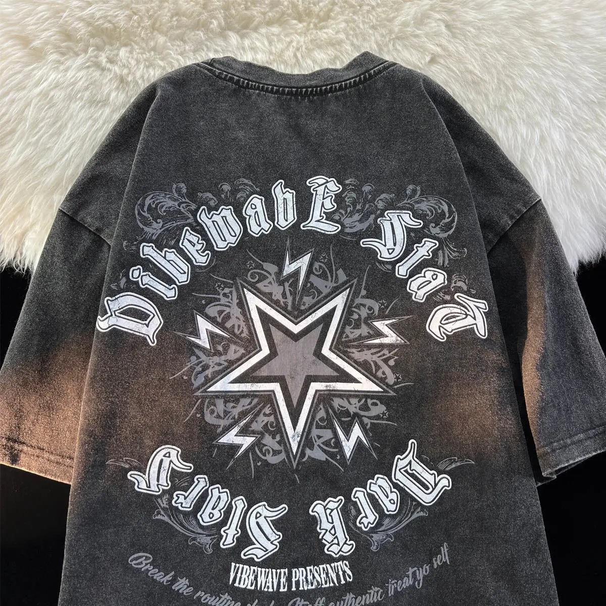 

American Fashion Brand Washed Old Star Print Cotton Short Sleeve T-shirt for Men and Women Summer Loose Retro Couple Large Top