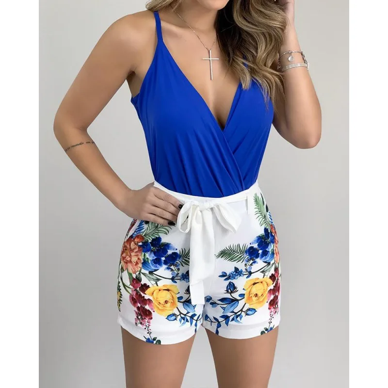 

2023 New V-neck Strap Top Printed Shorts Set for Women
