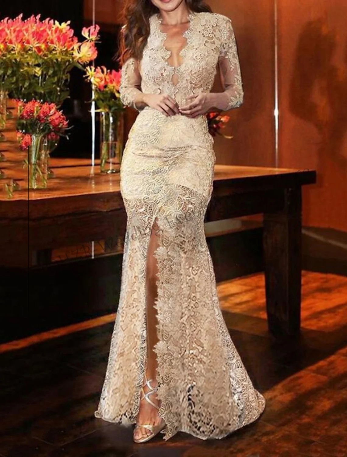 

Fashion Elegant Sweep Train Mermaid / Trumpet Long Sleeve V Neck Lace with Slit Appliques Formal Evening Dresses