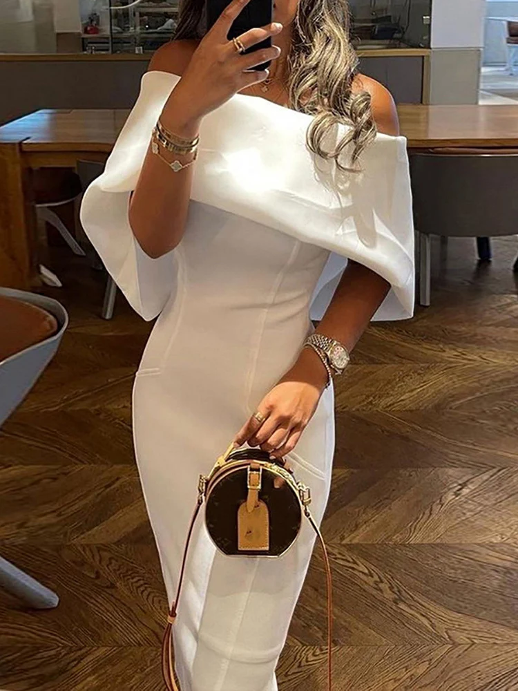 

Women Elegant Dress Ruffle Scarf Off Shoulder Cape Design Skinny Party Dress Ladies Solid Clothing Femme Fashion Summer Vestidos