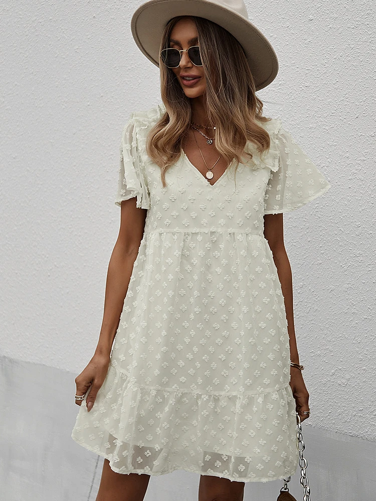 

2022 Women's Spring Summer Short Chiffon Sexy Dress Female Fashion Neck Short Sleeve Slim Casual Holiday Mini Dresses