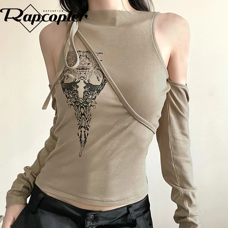 

Rapcopter Graphic Print Crop Top y2k Cut Out Full Sleeve T Shirt Women O Neck Harajuku Grunge Fairycore Tee Autumn Korean 90s