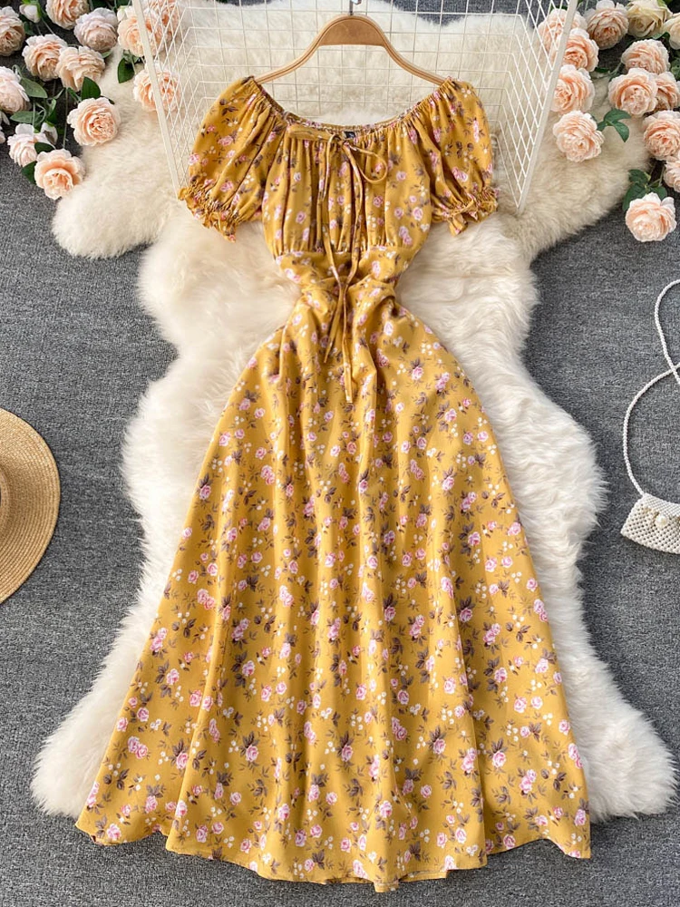 

Платье YuooMuoo женское с цветочным принтом, Модное Длинное пляжное с зауженной талией, с открытыми плечами, в Корейском стиле, для отпуска, на л...