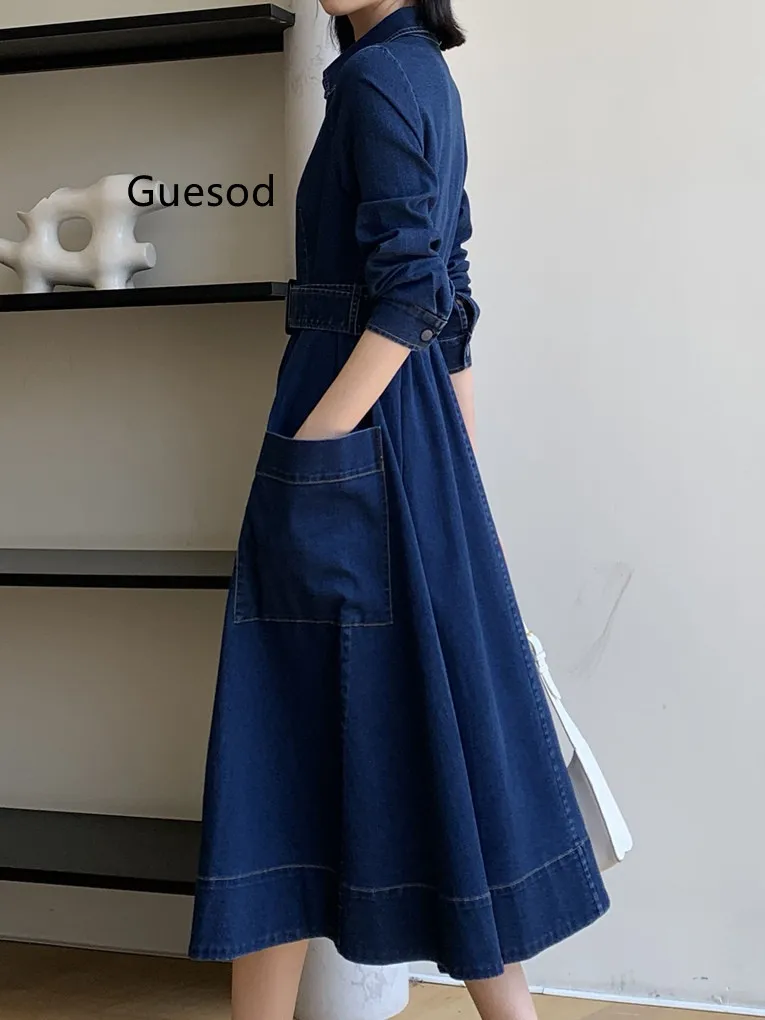 

Women Denim Dress Spring Female Single Breasted Dresses Slim Medium Length Long Sleeve Vestidos Cotton New Arrive