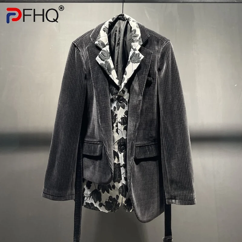 

PFHQ блейзер дизайн асимметричный подол мужской костюм пальто с принтом Вельветовая имитация двух частей высокое качество 2023 летние элегантные куртки 21F1190