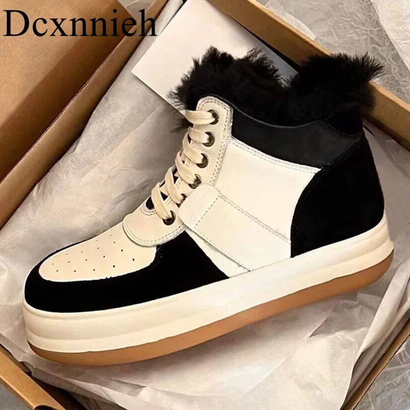 

New Round Toe Genuine Leather Mixed Color Snow Boots Women Wool Lining Warm Ankle Boots Winter Lace Up Thick Heels Riding Botas