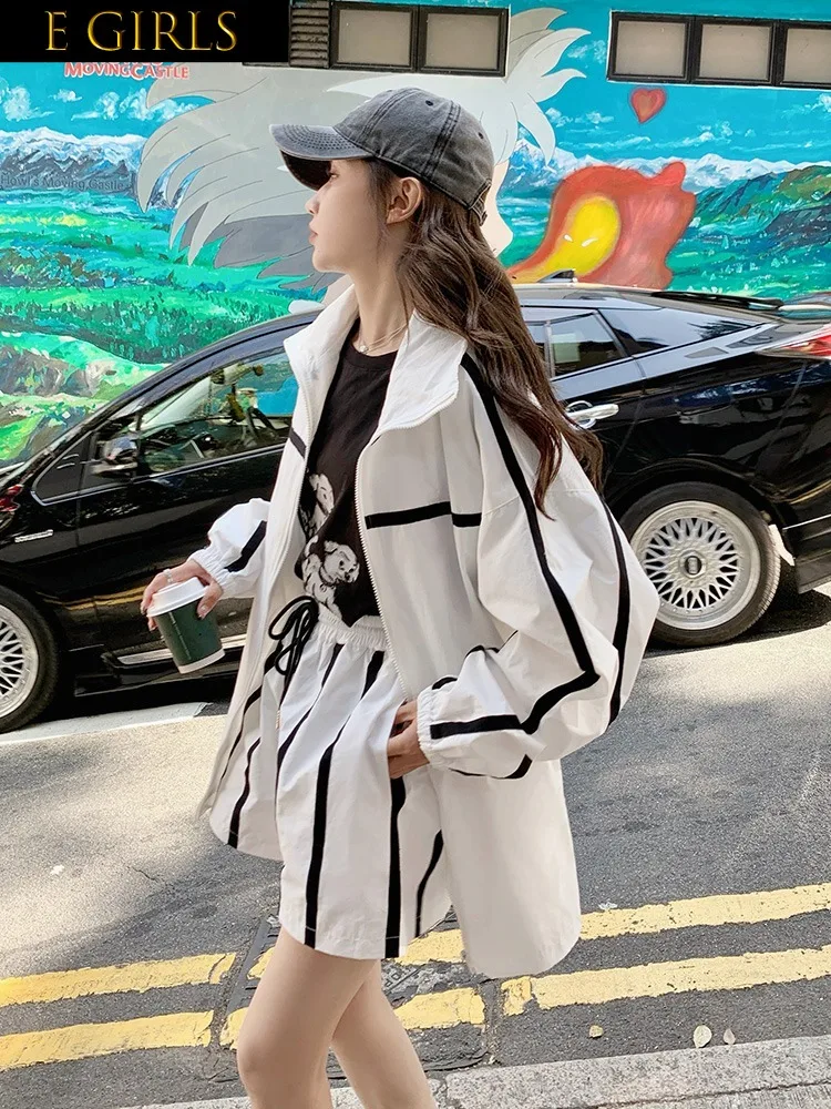 

F GIRLS White Fashion Casual Tracksuit Two Piece Set Women 2023 Summer New Korean Loose Stand Collar Thin Sunscreen Coat Shorts