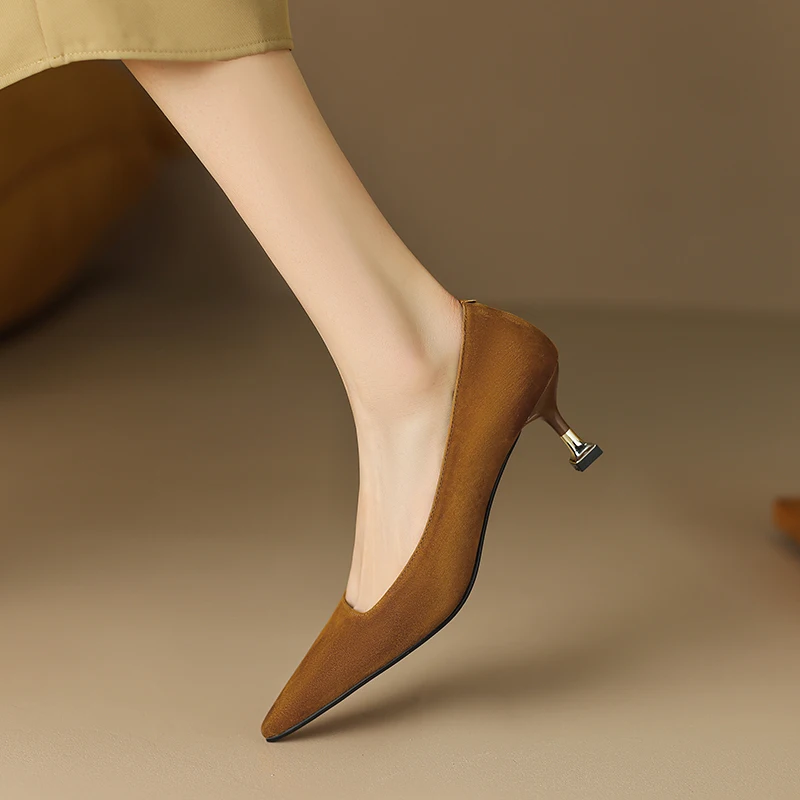 Pointed Toe Commuter Pumps Women Concise Kitten Heels Shoes Office Lady Spring Autumn Genuine Leather Comfy Soft Size 34-40