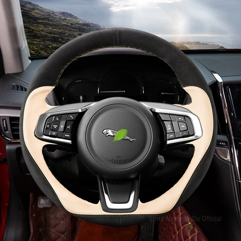 

For Jaguar F-PACE XEL XF XFL E-PACE Auto Interior DIY Custom Black suede beige Leather car steering wheel cover Car Accessories