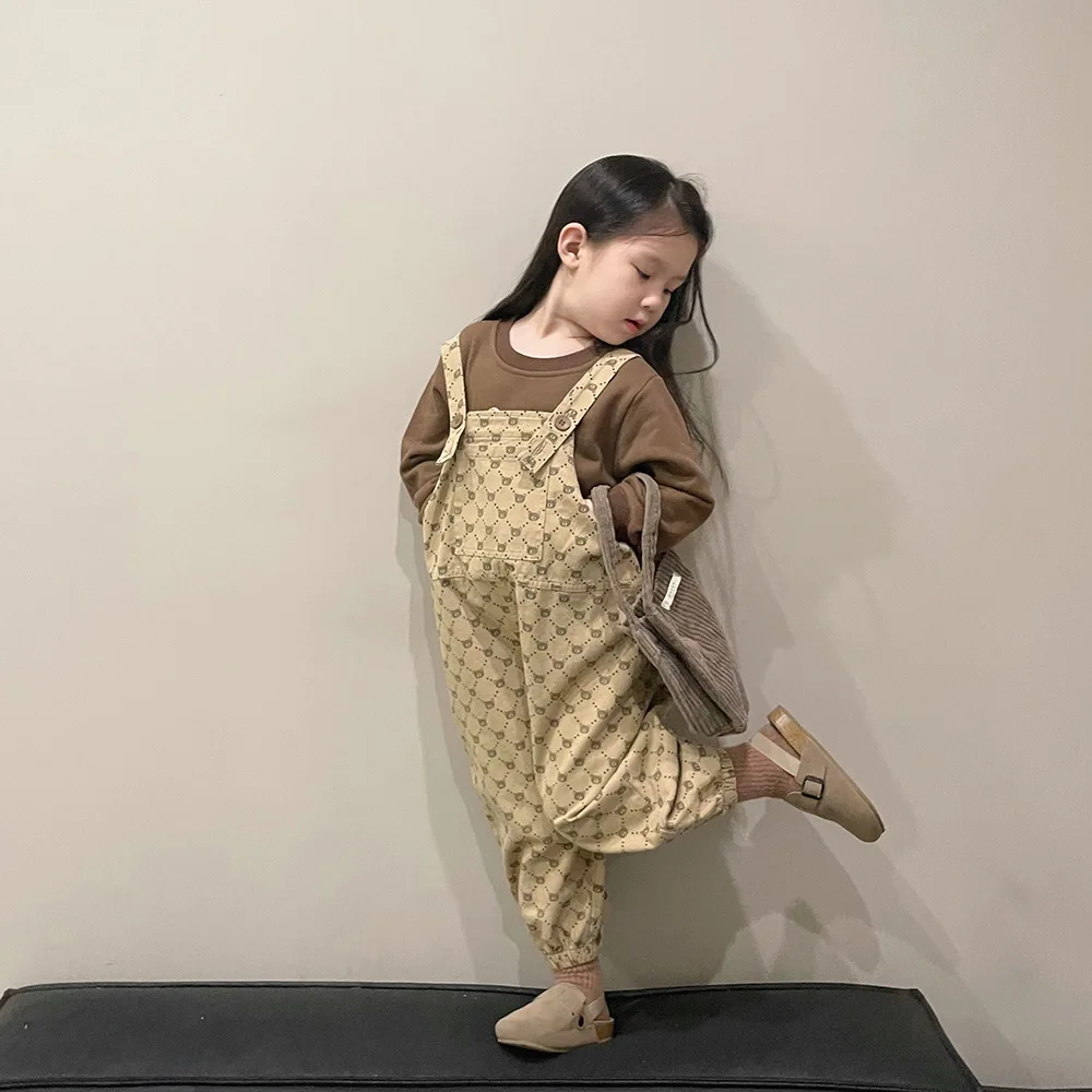 

2022 New Children Casual Overalls Autumn Fashion Little Girls Strap Pants Cute Print Boys Loose Trousers Cotton Kids Clothes