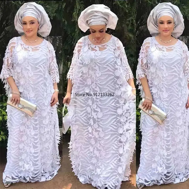 

New Classic African Women's Clothing Dashiki Heavy Cord Lace Evening Maxi Abaya + Inside Skirt Free Size Batwing Sleeve Robe