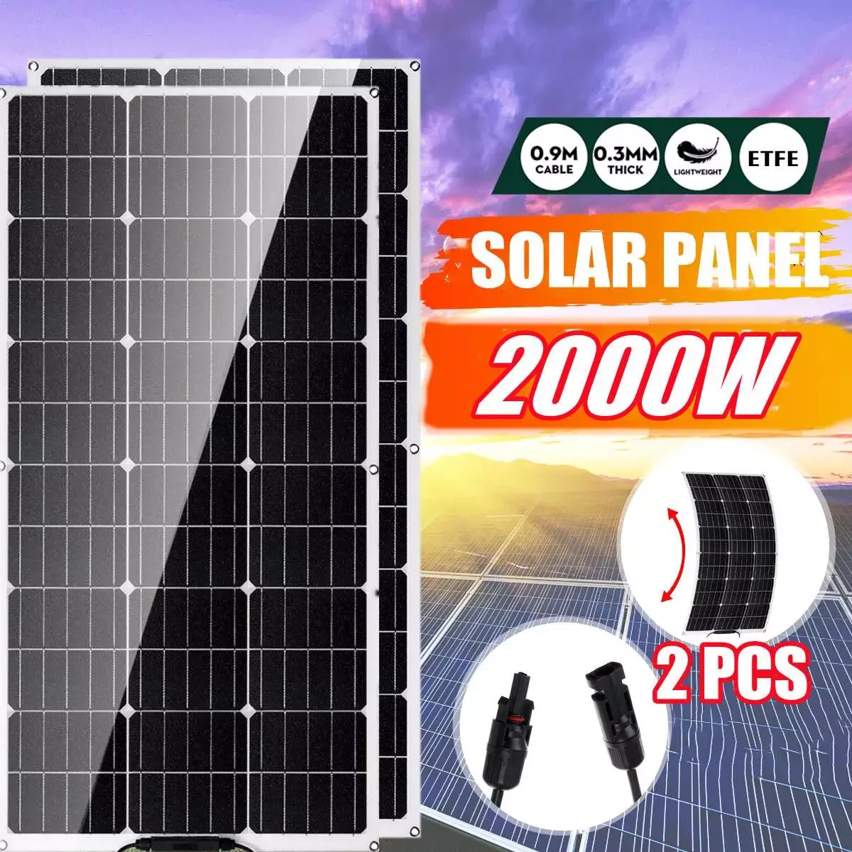 

2000W 1000W Solar Panel 18V High Efficiency Monocrystalline Portable Flexible Waterproof Emergency Charging Outdoor Solar Cells