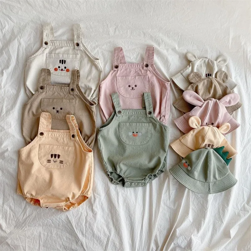 

2023 New Summer Baby Cute Cartoon Squirrel Romper Girl Bear Cotton Bodysuit + Lace-up Bucket Hat 2 PCS Suit Boys Jumpuit Clothes