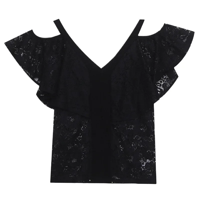Лето 2023 новая сексуальная кружевная футболка с v-образным вырезом женская