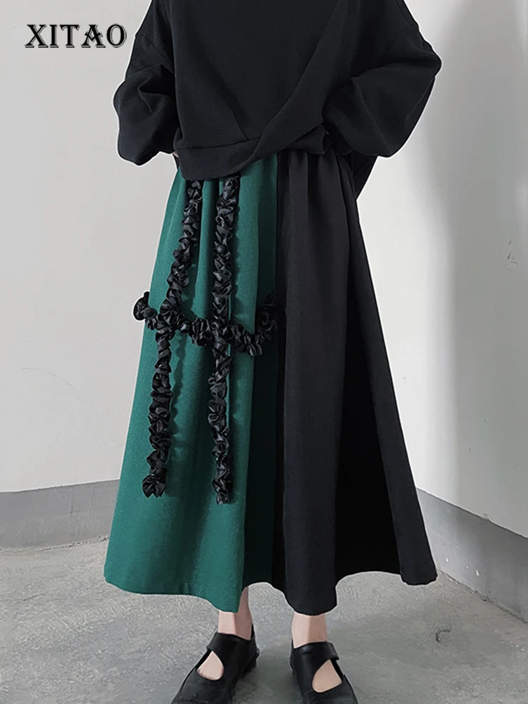 

XITAO Patchwork Skirt Fashion Women Elastic Waist Goddess Fan Color contrast Loose Skirt 2023 Summer New Arrival SMH1562