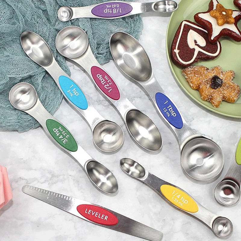 

8Pcs/Set Magnetic Measuring Spoons Set With Leveler Stainless Steel Liquid Ingredients Double Sided Measurement Set For Cooking