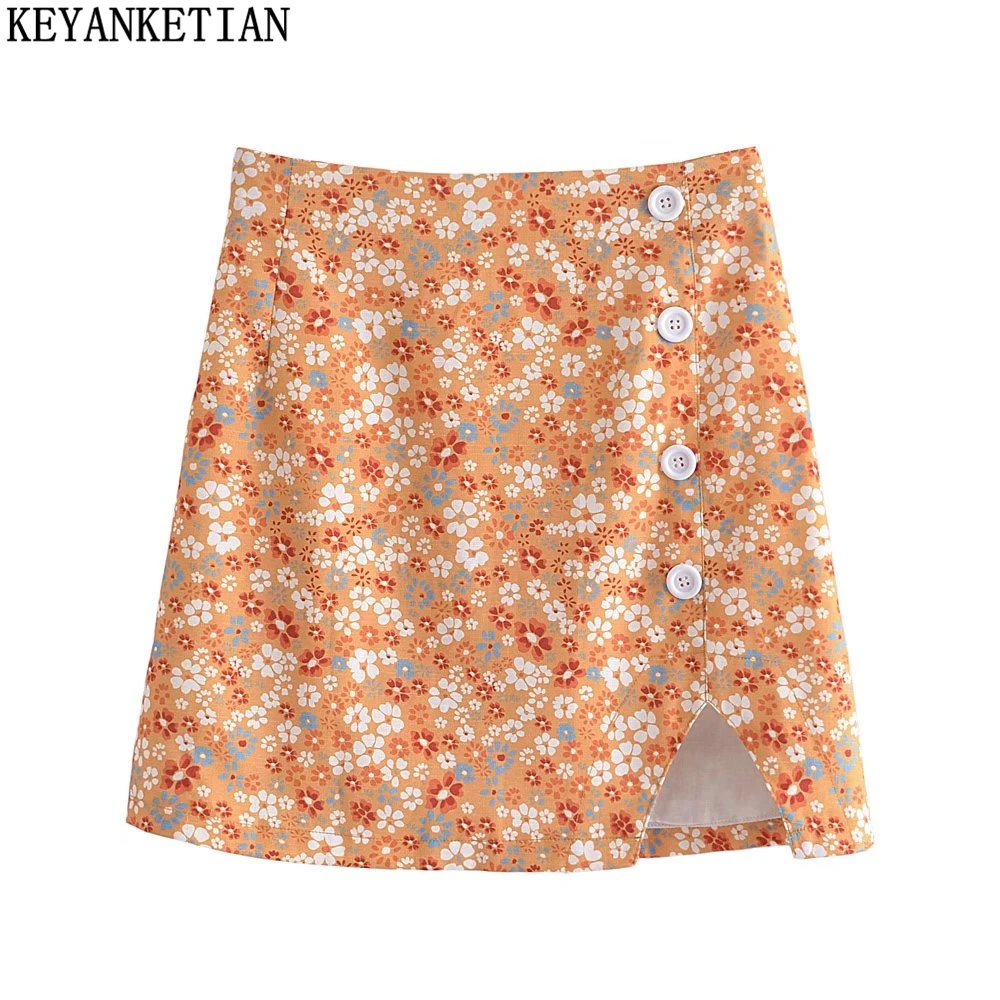 

KEYANKETIAN Women's Small Daisy Floral Skirt French Sweet Style Summer New Asymmetric Buttoned Slit Pack Hip Mini Skirt