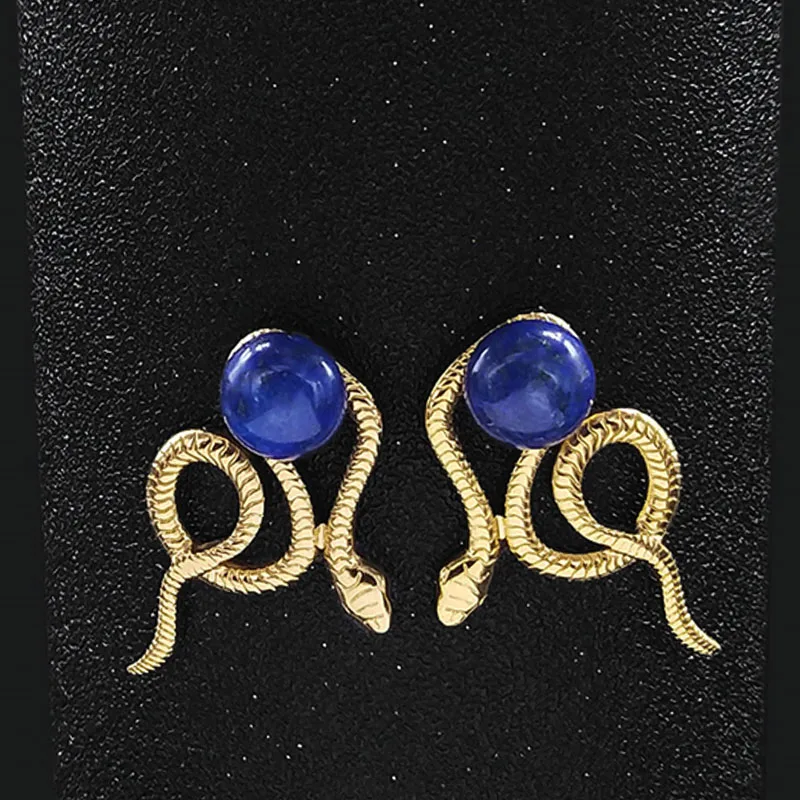 

Bohemia Stainless Steel Stud Earrings for Woman Gold Color Snake Lapis Lazuli Earrings Animal Jewelry boucle d'oreille E9303S04
