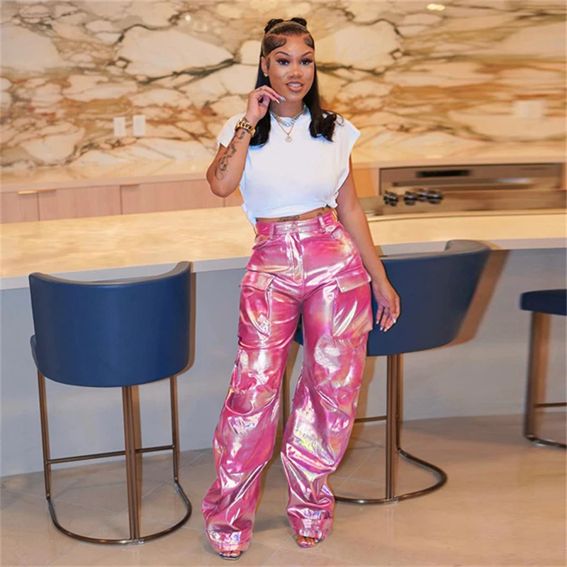 Женские прямые брюки-карго из ПУ кожи с высокой талией и карманами