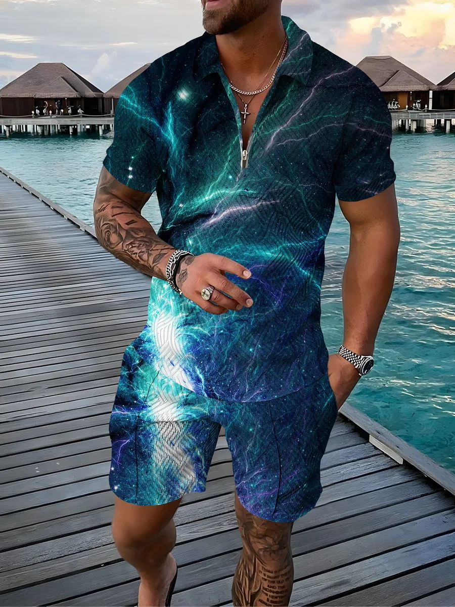 

Galaxy Lightning Polo 3d Set for Men Casual Zipper Shirt Short Sleeve+Shorts Flame Poloshirt Print Suits Men's Tracksuit Summer