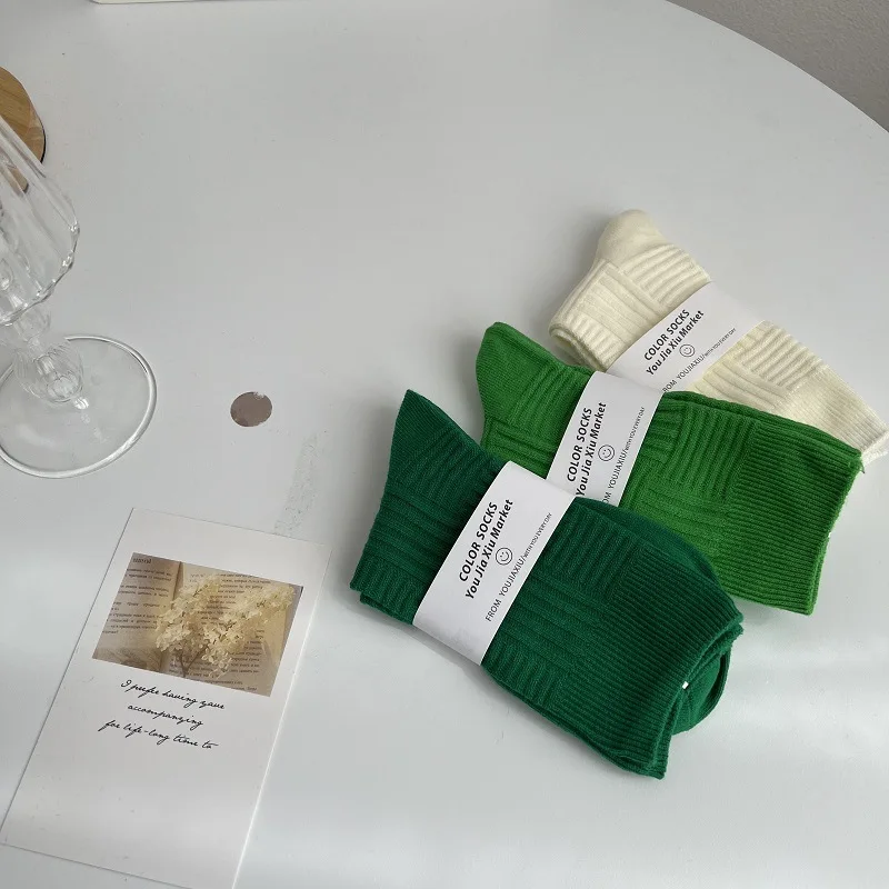 Thick Winter Pattern Knitted Green Crew Socks for Women Cotton Solid Knee High Striped Ankle Socks 5 Pairs/ Lot