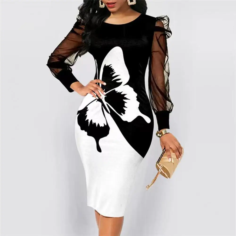 

Evening Dress Square Collar Autumn Dress Elegant 3D Butterflies Print Bodycon Midi Dress