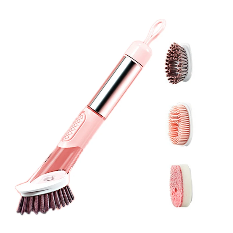 

3 in 1 Soap Dispensing Dish Brush Kitchen Cleaning Brushes Scrub Dishwashing Sponges for Pot Pan Dishes -Pink