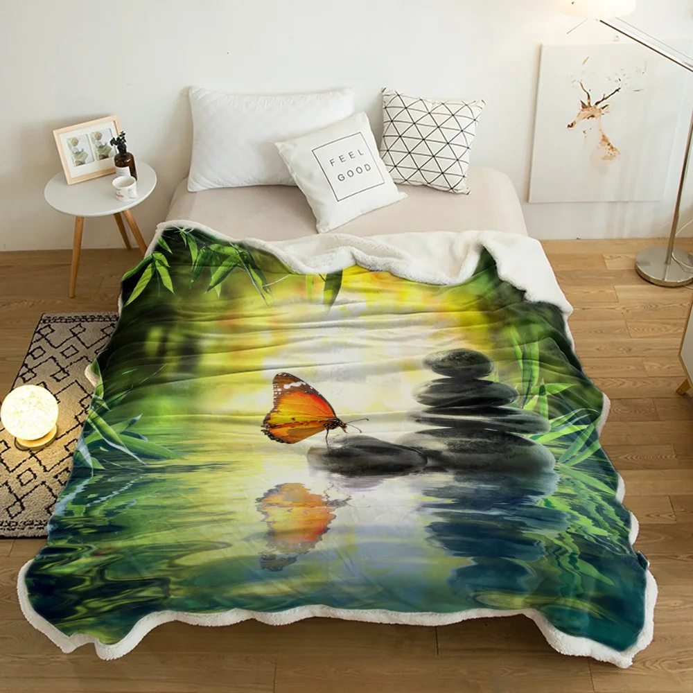 

Butterfly Green Leaves Stone Plush Throw Blanket Sherpa Fleece Bedspread Blankets Sofa Cover Bedding Picnic Wool Soft Blanket