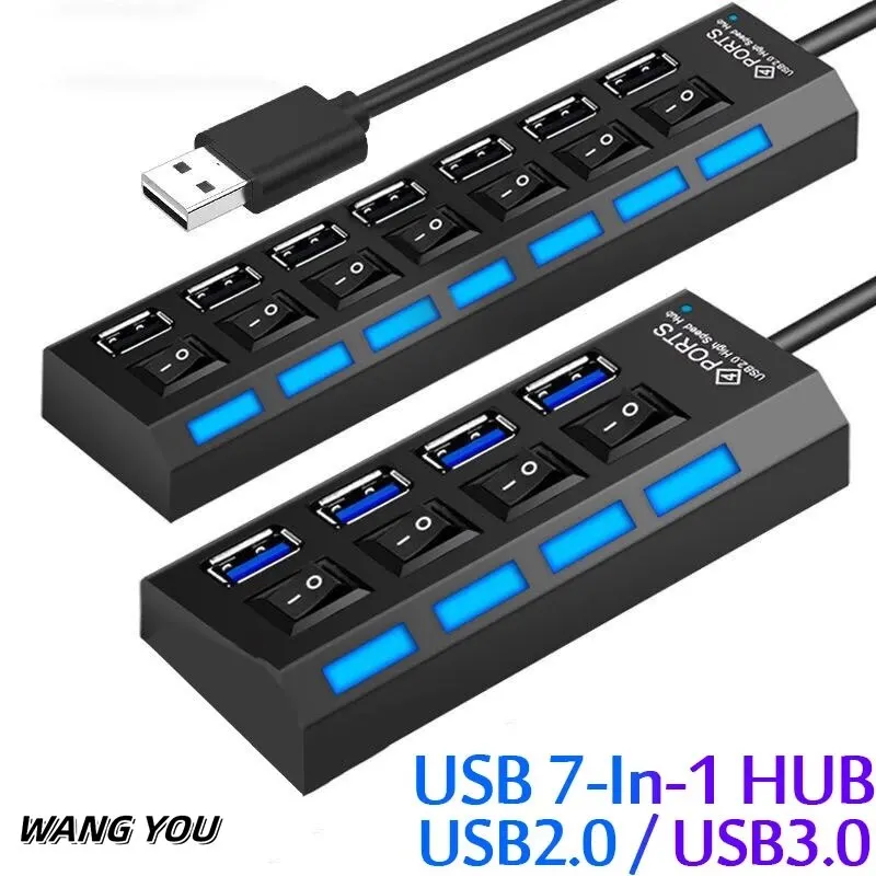 USB 2.0 Hub: Multi-Port USB Splitter with Power Adapter, Switch, and 30CM Cable