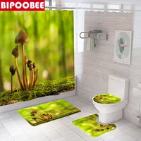 Natural Mushroom Shower Curtains Forest Green Plants Bathroom Curtain Toilet Lid Cover Pedestal Non-slip Carpet Bath Mats Set