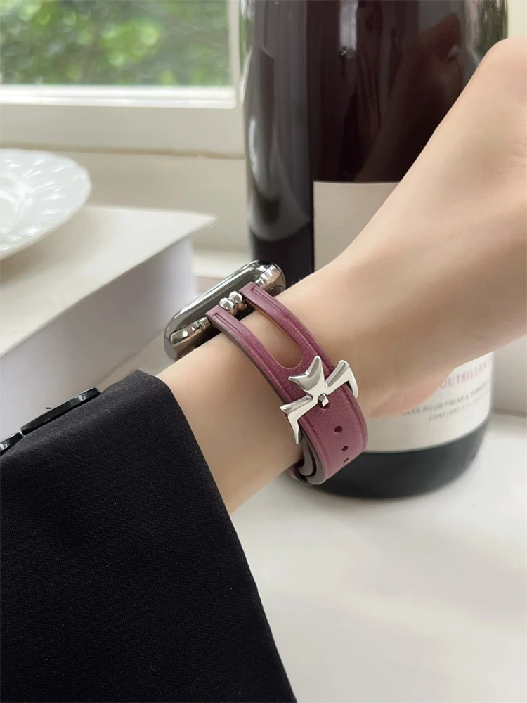 

Fishtail Metal Buckle Design Slim Leather Band For Apple Watch 41mm 38mm 40mm Thin Strap For iwatch Series 7 6 5 4 3 2 se Bands