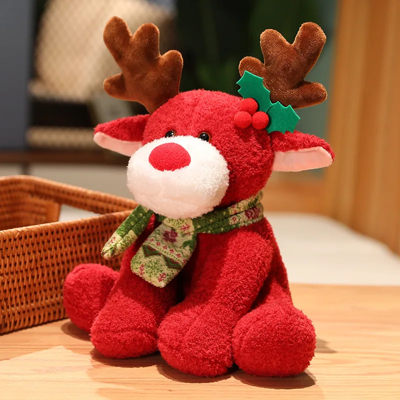 

32CM Lovely Plush Christmas Elk Toys Cute Sitting Deer with Scarf Dolls Stuffed Soft Animal Pillow Children Girls Xmas Gift