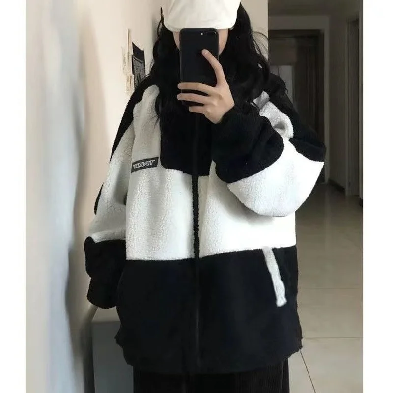 

Deeptown Harajuku Women Lambswool Jackets Oversized Korean Style Streetwear Vintage Female Fleece Coats Winter Casual Fashion